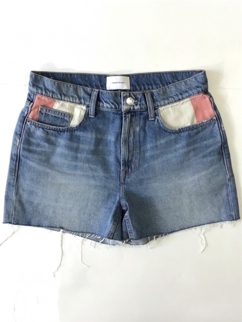 Current/Elliott Denim Shorts Size 27 Aficionado Colorblock High Waist Raw Hem